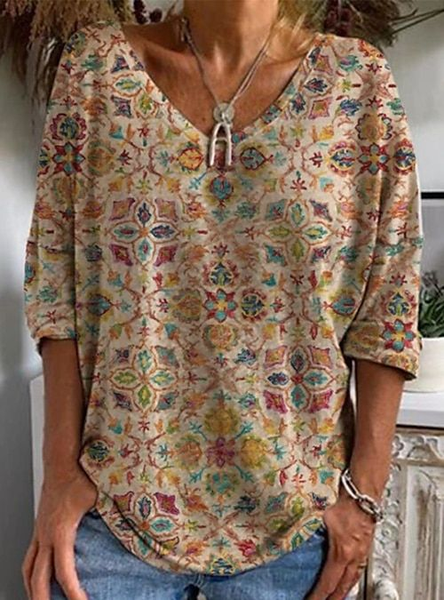 

Women's Floral Spring V-Neck Print Casual Long Sleeve T-Shirt, As picture, Long sleeves