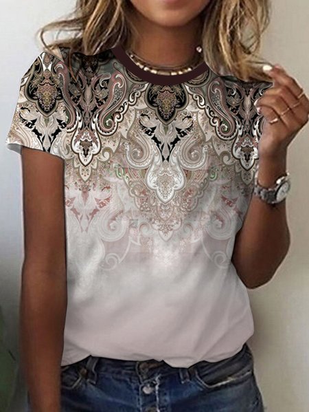 

Ethnic Print Short-Sleeved Crew Neck T-shirt, Brown, T-shirts