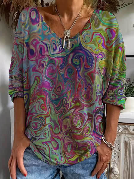 

Women's Abstract V-Neck Printed Casual Long Sleeve T-Shirt, As picture, Long sleeves