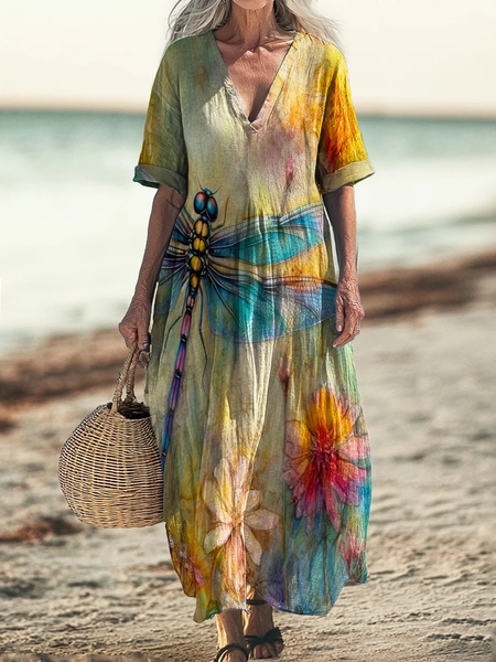 

Women Dragonfly Long Sleeve Spring/Fall Dress V Neck Daily Vintage Maxi Fit & Flare Dress A-Line Dress, Green, Dresses