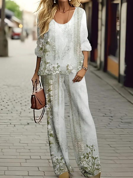 Women's Floral Spring Print Casual Two-Piece Suit, As picture, Suits
