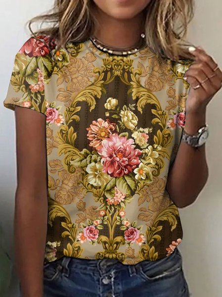

Vintage Floral Crew Neck Short Sleeve T-shirt, Brown, T-shirts