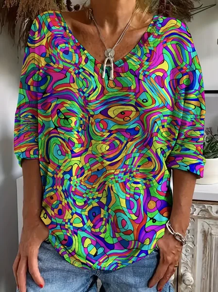 

Women's Abstract Long Sleeve Tee T-shirt V Neck Printing Casual Spring/Fall Graphic Tee Top, As picture, T-Shirts