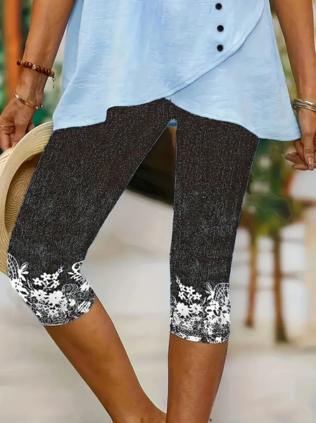 Women's Casual Floral Spring Print Leggings, Black, Leggings