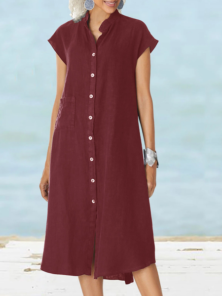 

Women's Plain Short Sleeve All Season Dress Stand Collar Daily Casual Midi Shirt Dress H-Line Dress, Wine red, Shirt Dresses