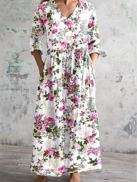 

Women's Floral Spring Print Casual V-Neck Long Sleeve Dress, White, Maxi Dresses