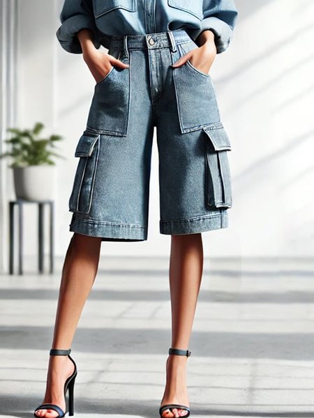 

Plain Loose Urban Denim Shorts, Blue, Denim Shorts