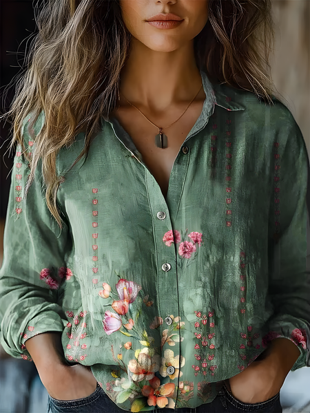 

Women's Vintage Art Floral Print Cotton and Linen Long Sleeve Shirt, Green, Blouses