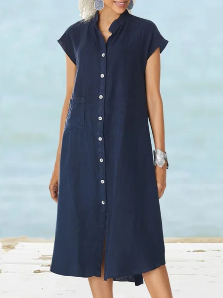 

Women's Short Sleeve All Season White Plain Stand Collar Daily Going Out Casual Midi H-Line Shirt Dress Dress, Purplish blue, Midi Dresses