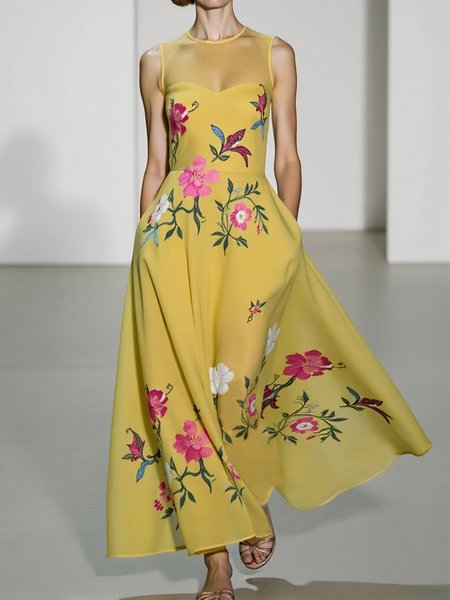 

Vacation Floral Printing Crew Neck Maxi Dress, Yellow, Maxi Dresses
