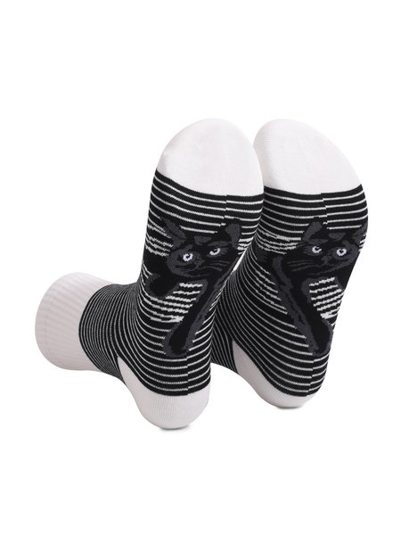 

Black and white striped animal cat print mid tube socks, Socks & Tights