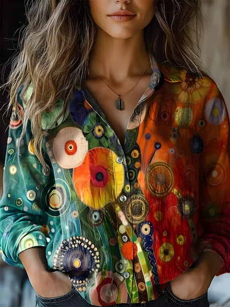 

Women's Vintage Art Floral Print Cotton and Linen Long Sleeve Shirt, As picture, Blouses