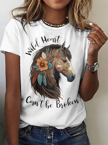 

Casual Animal Crew Neck Short Sleeve T-shirt, White, T-shirts