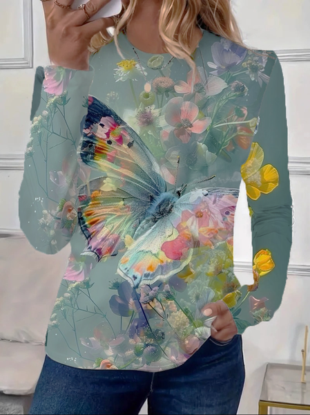 Women's Floral Long Sleeve Tee T-shirt Crew Neck Printing Casual Spring/Fall Graphic Tee Top, As picture, T-Shirts