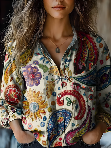 

Women's Vintage Art Floral Print Cotton and Linen Long Sleeve Shirt, As picture, Blouses