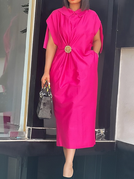

Elegant Plain Midi Dress, Rose red, Midi Dresses
