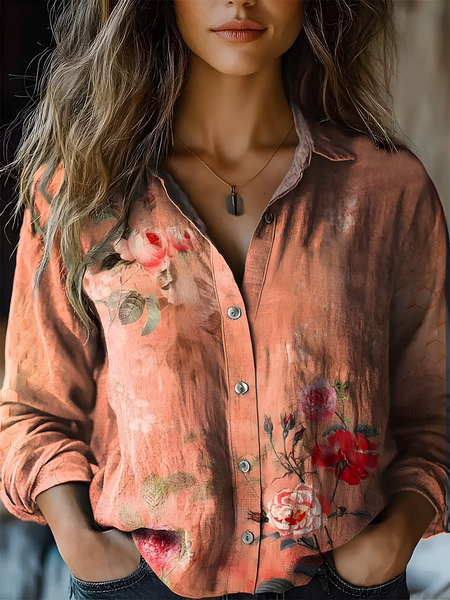 

Women's Vintage Art Floral Print Cotton and Linen Long Sleeve Shirt, As picture, Blouses