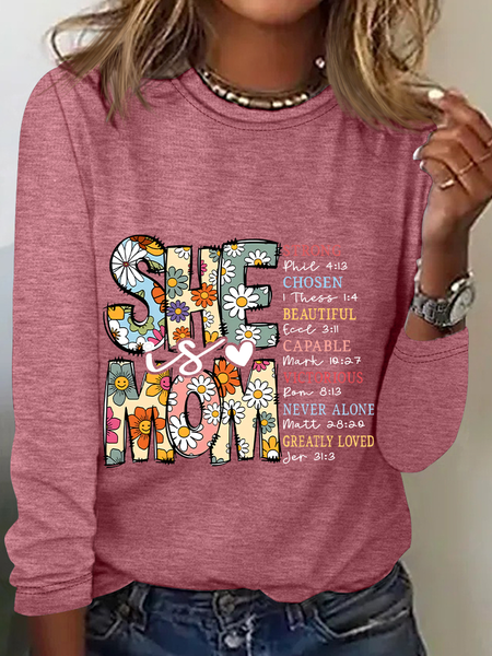 

Crew Neck Long Sleeve Text Letters Regular Medium Elasticity Loose Blouse_ For Women, Watermelon, T-shirts