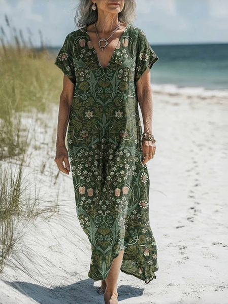 

Women's Vintage Floral Print V-Neck Dress, As picture, Dresses
