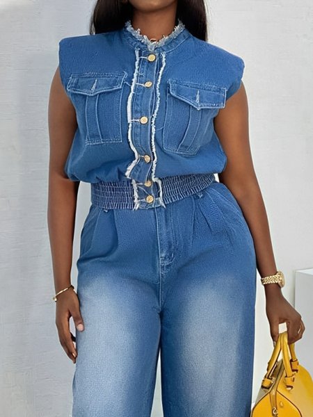 Casual Plain Pockets Scramble Stand Collar Denim Top, Blue, Vests and Gilets