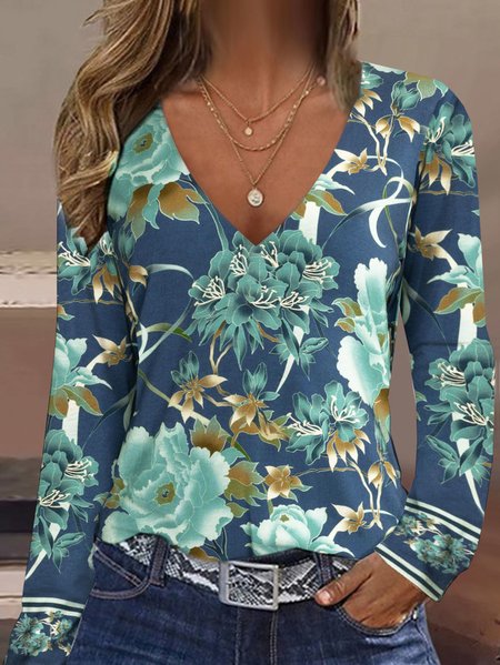 

Casual Floral V Neck Long Sleeve T-shirt, Green, T-shirts