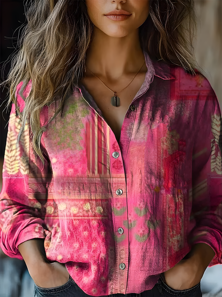 

Women's Vintage Art Floral Print Long Sleeve Shirt, Pink, Blouses