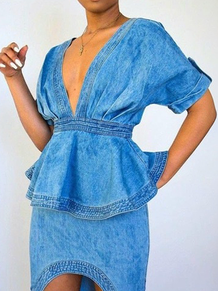 

Elegant Plain Denim Top, Denim blue, Blouses and Shirts