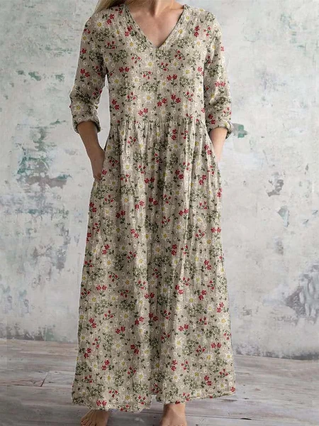 

Women's Floral Spring Print Casual V-Neck Long Sleeve Dress, As picture, Maxi Dresses