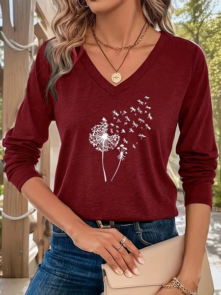 

V Neck Casual Dandelion Regular Fit T-Shirt, Wine red, Long sleeves
