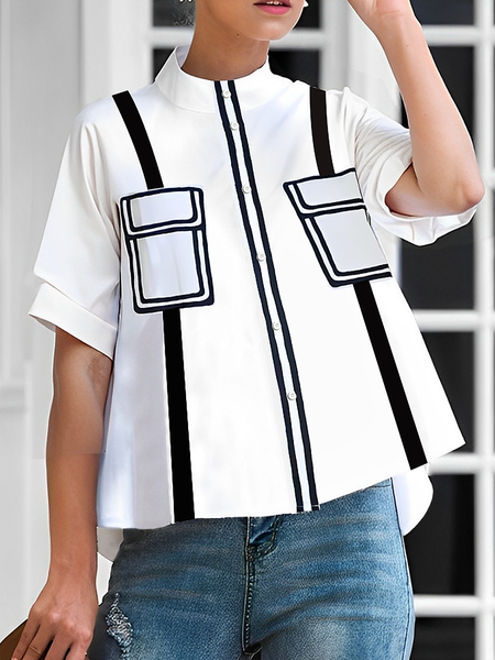 

Casual Color Block Printing Loosen Shirt, Black-white, Blouses and Shirts
