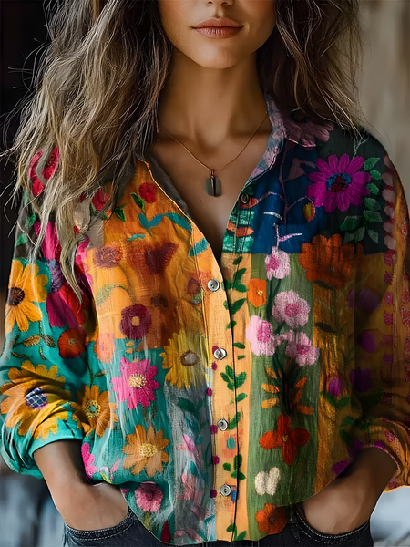 

Women's Vintage Art Floral Print Cotton and Linen Long Sleeve Shirt, As picture, Blouses
