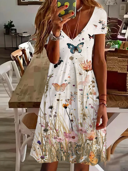 

Women's Floral Short Sleeve Summer Printing Dress V Neck Daily Casual Knee Length T-Shirt Dress H-Line Dress, As picture, Casual Dresses