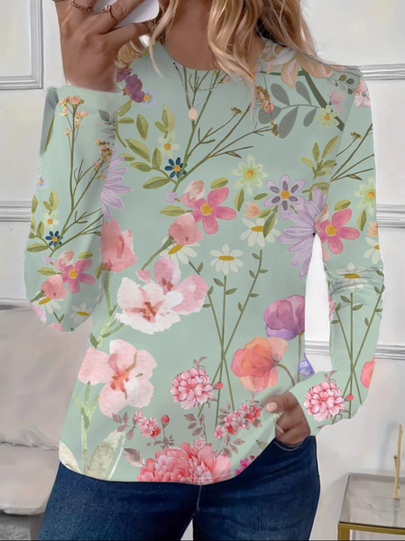 

Women's Floral Long Sleeve Tee T-shirt Crew Neck Printing Casual Spring/Fall Graphic Tee Top, Green, T-Shirts