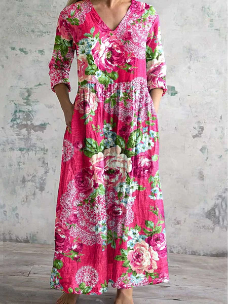 

Women's Floral Long Sleeve Spring/Fall Printing Dress V Neck Daily Casual Maxi T-Shirt Dress A-Line Dress, As picture, Casual Dresses