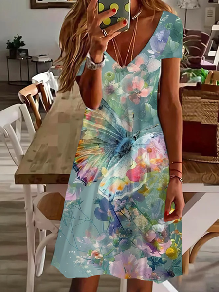 

Women's Floral Short Sleeve Summer Printing Dress V Neck Daily Casual Knee Length T-Shirt Dress H-Line Dress, As picture, Casual Dresses