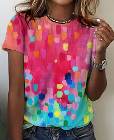 

Color contrast geometric round neck short-sleeved T-shirt, Pink, T-shirts