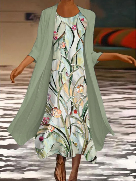 

Women Floral Crew Neck Three Quarter Sleeve Comfy Printing Coat With Dress Two-Piece Set, Green, Dresses