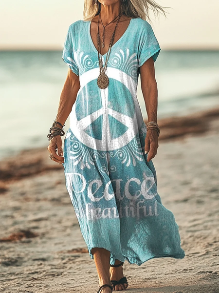 

Women's Short Sleeve Summer Green Hippie Printing V Neck Daily Going Out Casual Maxi H-Line T-Shirt Dress Dress, Dresses