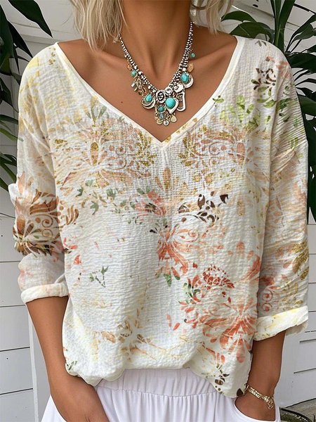 Casual Loose V Neck Floral T-Shirt, Yellow, Long sleeves