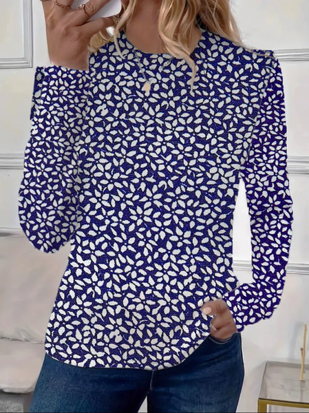 

Casual Floral Crew Neck Long Sleeve T-shirt, Purplish blue, T-shirts
