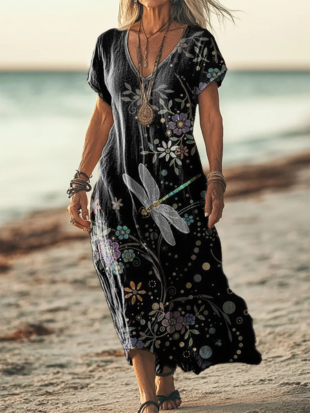 

Women's Floral Short Sleeve Summer Printing Dress V Neck Daily Casual Maxi T-Shirt Dress H-Line Dress, Black, Casual Dresses