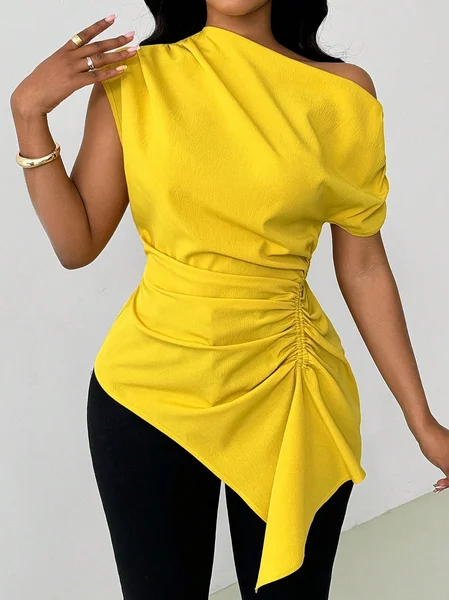 

Urban Plain Gathered Asymmetrical Blouse, Yellow, Blouses and Shirts