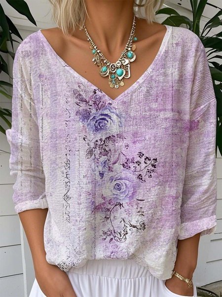 

Vintage 3D Floral Printing V Neck Long Sleeve T-shirt, Purple, T-shirts