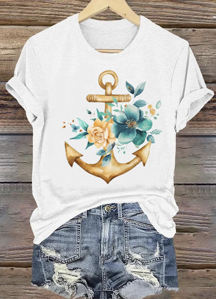 

Casual Floral Crew Neck Short Sleeve T-shirt, White, T-shirts