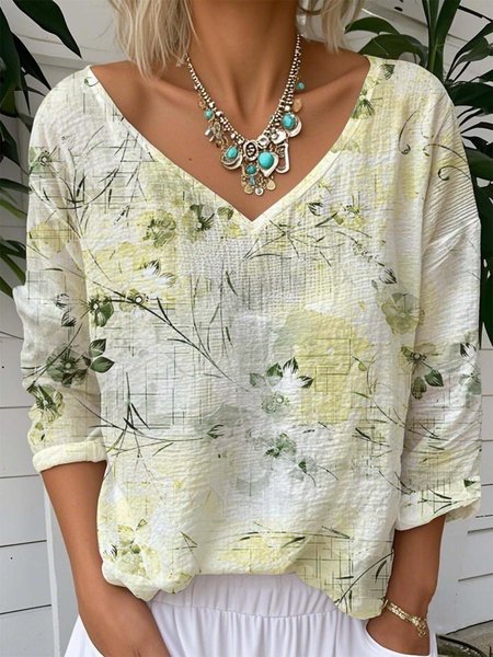 Casual Floral Loose Jersey T-Shirt, Green, Long sleeves