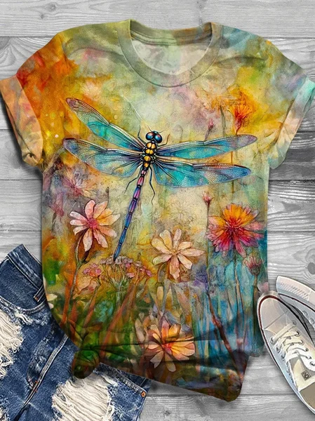 

Dragonfly floral crew neck short-sleeved T-shirt, Yellow, T-shirts