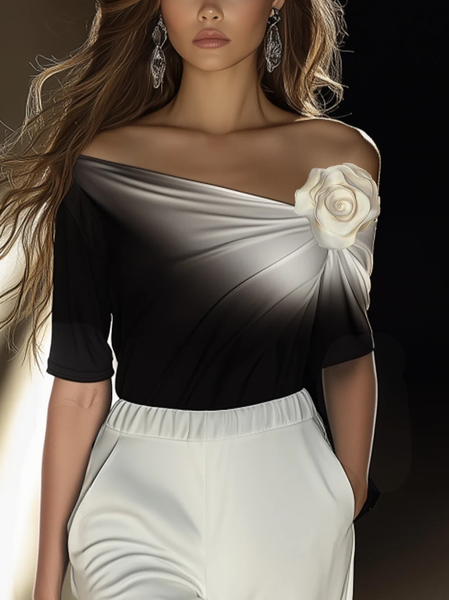 

Urban Ombre 3D Floral Cold Shoulder Blouse, As picture, Blouses and Shirts