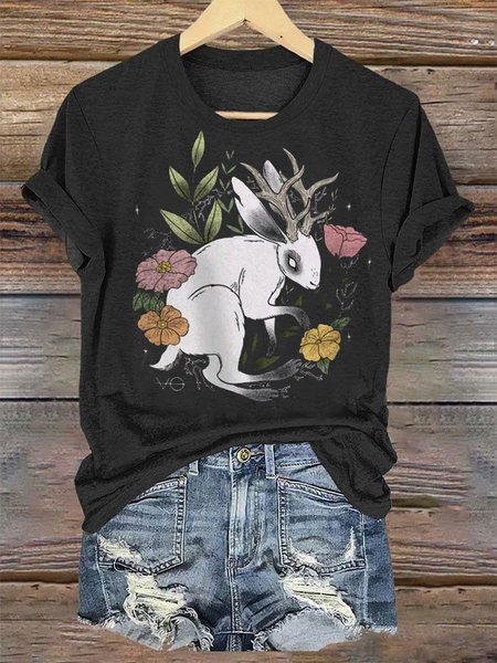 

Casual Floral Crew Neck Short Sleeve T-shirt, Black, T-shirts