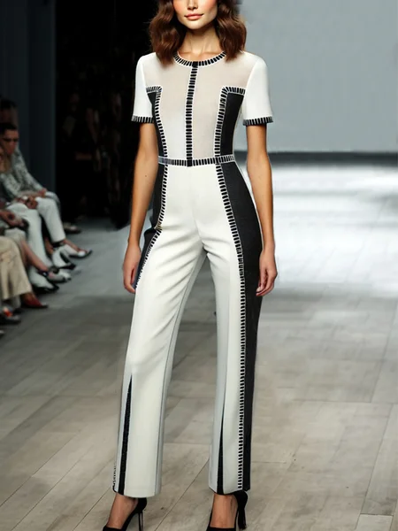

Urban Color Block Crew Neck Jumpsuit, Black-white, Jumpsuits
