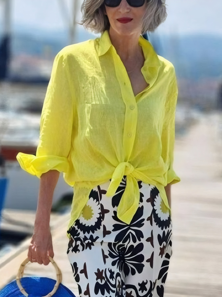

Cotton And Linen Vacation Plain Shirt, Yellow, Blouses and Shirts